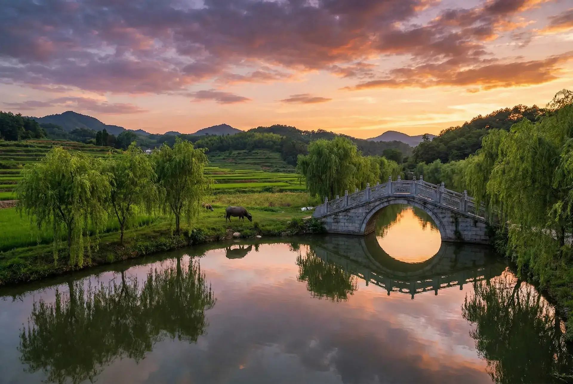 夕阳下的石拱桥与垂柳，水牛在河边吃草 - 极欲燃烧2004 乡村美景